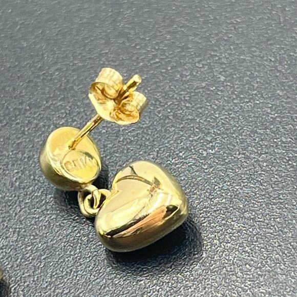 CJT 14k Marked 3D Puff Heart Drop Dangle Pierced Polished Yellow Gold Earrings - Picture 5 of 12